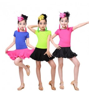 Neon green fuchsia hot pink black patchwork girls kids children school play gymnastics performance professional competition latin salsa dance dresses sets